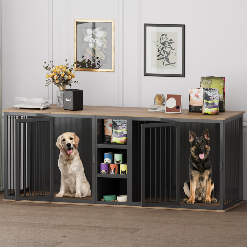 Tucker Murphy Pet Large Dog Crate Furniture For 2 Dogs 79.5 Large Indoor Dog Kennel With Adjustable Shelves All Steel Frame Heavy Duty Dog Crate With Wood Top Double Dog Cage For